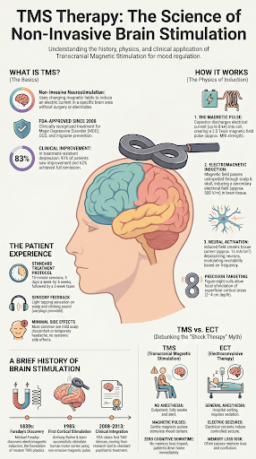 What does TMS treatment do? An infographic explains TMS Therapy science, history, patient experience, and clinical outcomes.