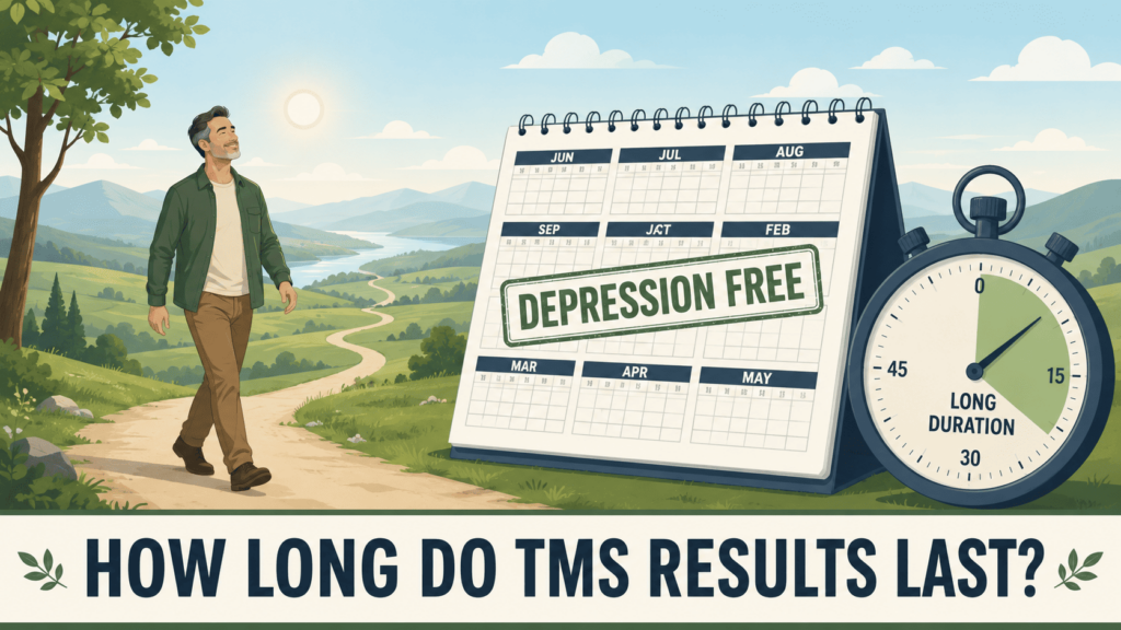 Illustrated calendar showing long-term depression-free results, what is the success rate of TMS over time?