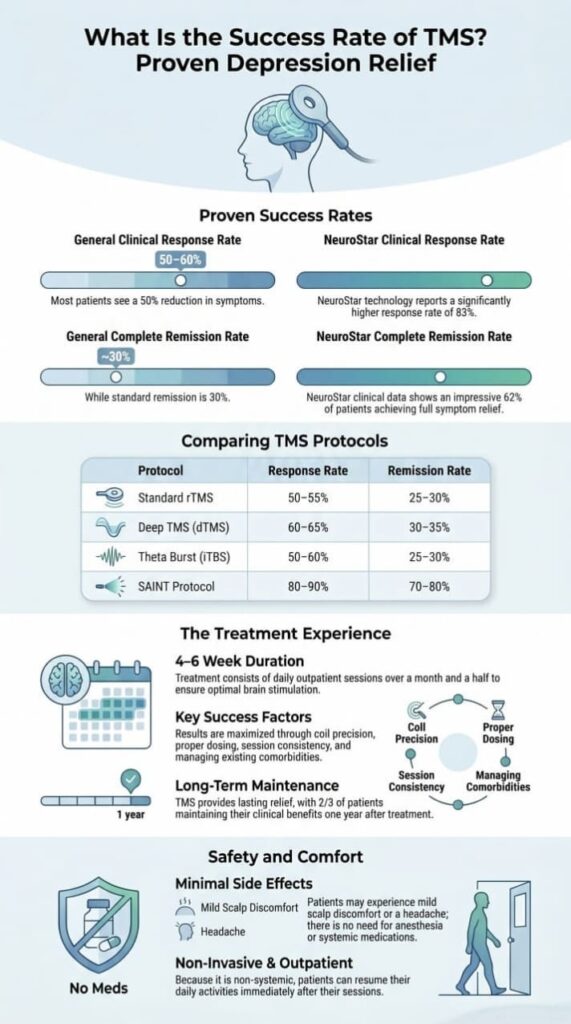 Infographic showing what is the success rate of TMS with clinical response and remission data across protocols 