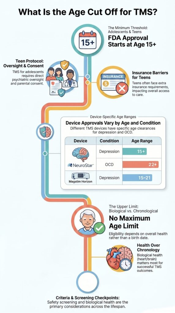 Infographic showing what is the age cut off for TMS including FDA approval starting at age 15 and no maximum age limit