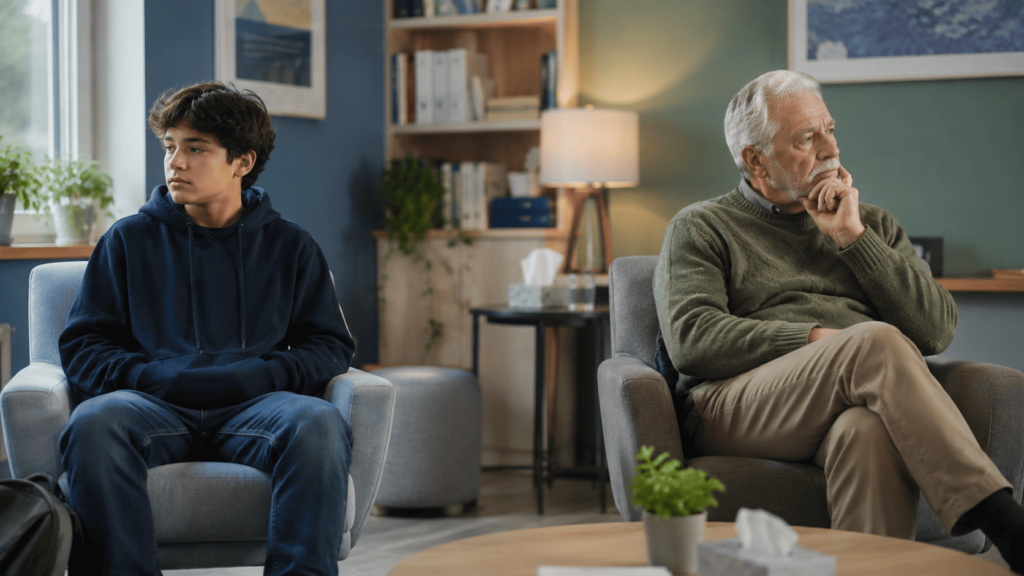 A teen and elderly man in a therapy office illustrating what is the age cut off for TMS across different age groups