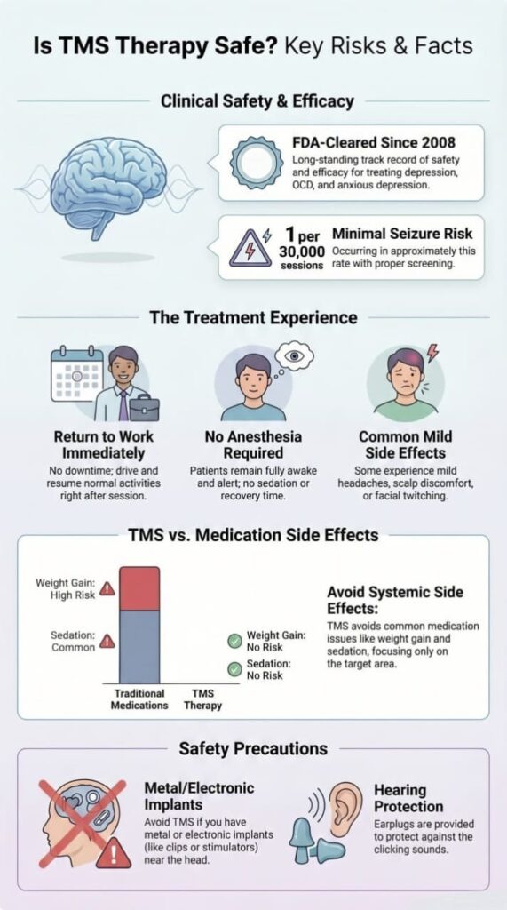 Infographic showing key facts, clinical safety data, side effects, and precautions for TMS therapy.