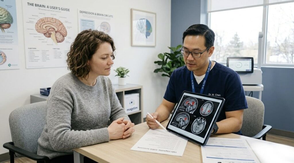 Is TMS Therapy Safe? A doctor reviews brain scan results with a patient during a TMS eligibility screening consultation.