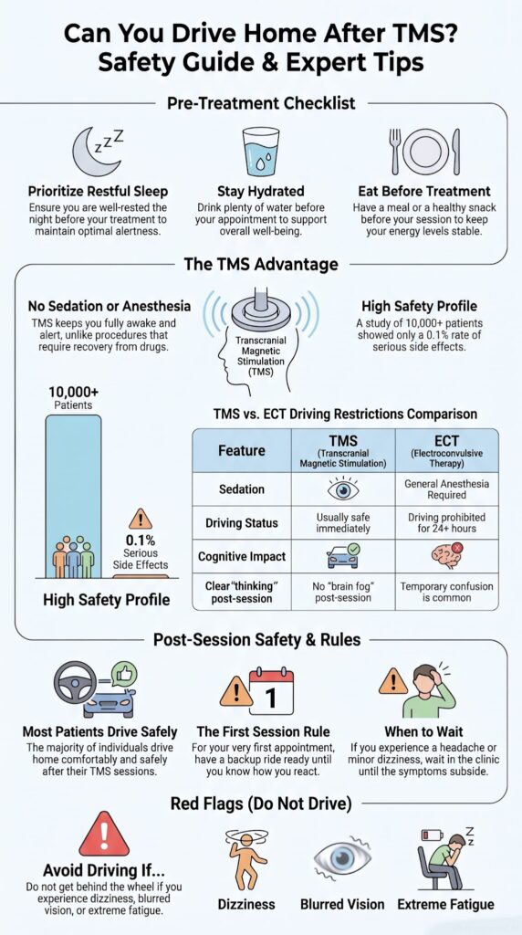 Infographic showing TMS driving safety checklist, TMS vs ECT comparison chart, and post-session warning signs to watch for