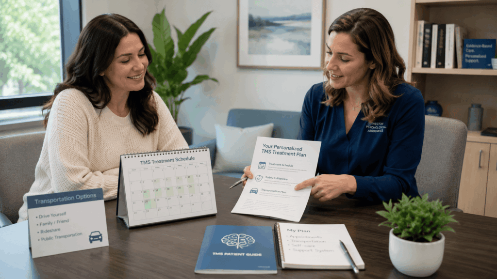 Provider walks a patient through her personalized treatment schedule and transportation plan.