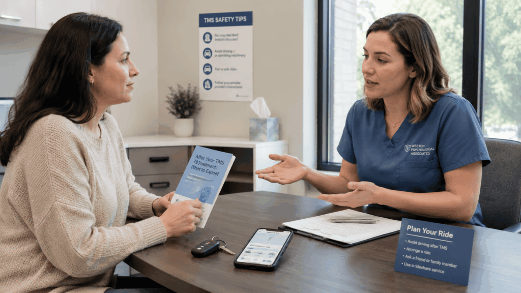 Provider reviews safe ride options with a patient, pointing to keys and a rideshare app on the table.