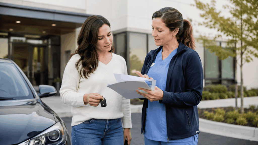Patient holds car keys while discussing discharge plans with her healthcare provider outside the clinic.