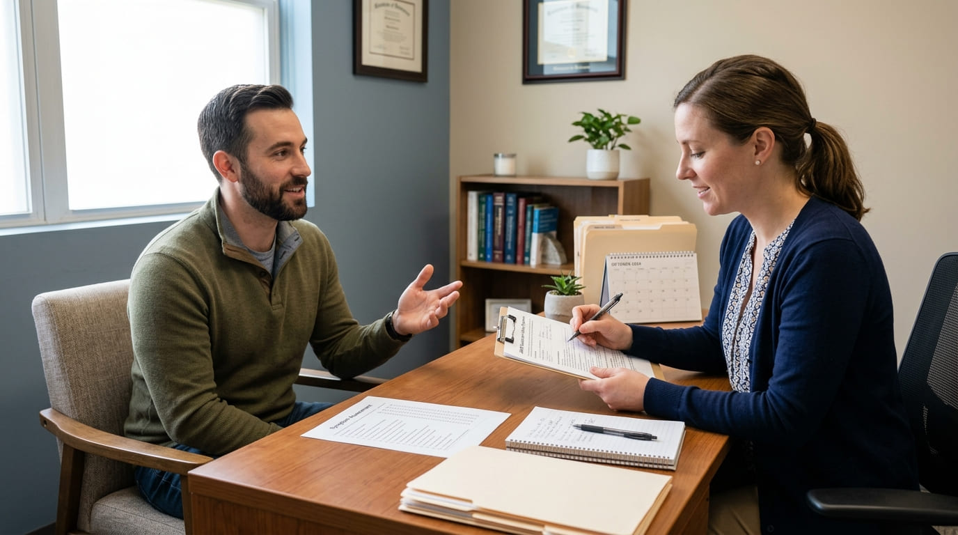 Man discussing daily focus challenges with a psychologist in a clinical consultation office.