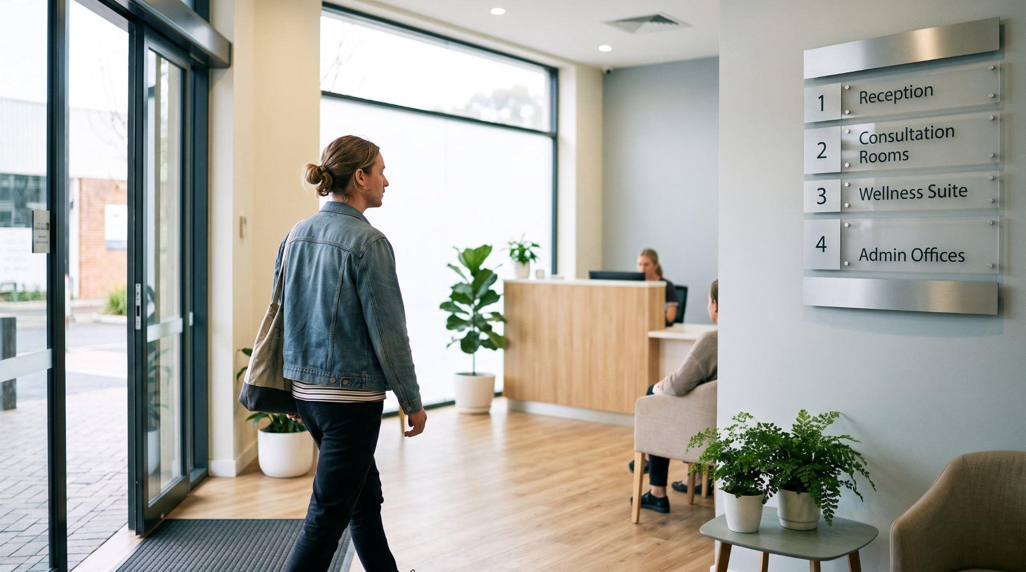 Patient walking past reception on his way into a TMS therapy clinic.