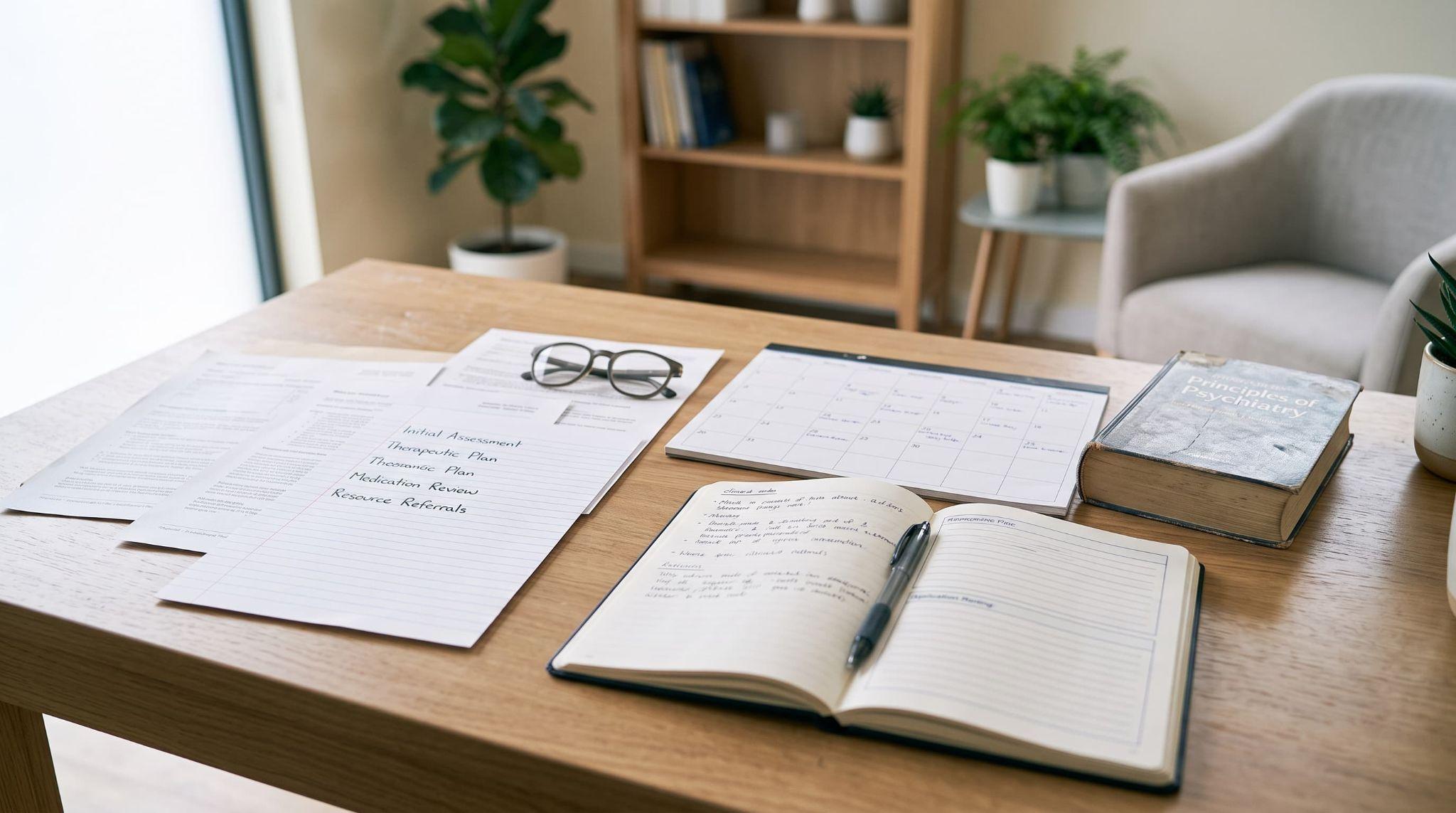 Notepad and treatment plan papers on a desk during the psychiatric intake process