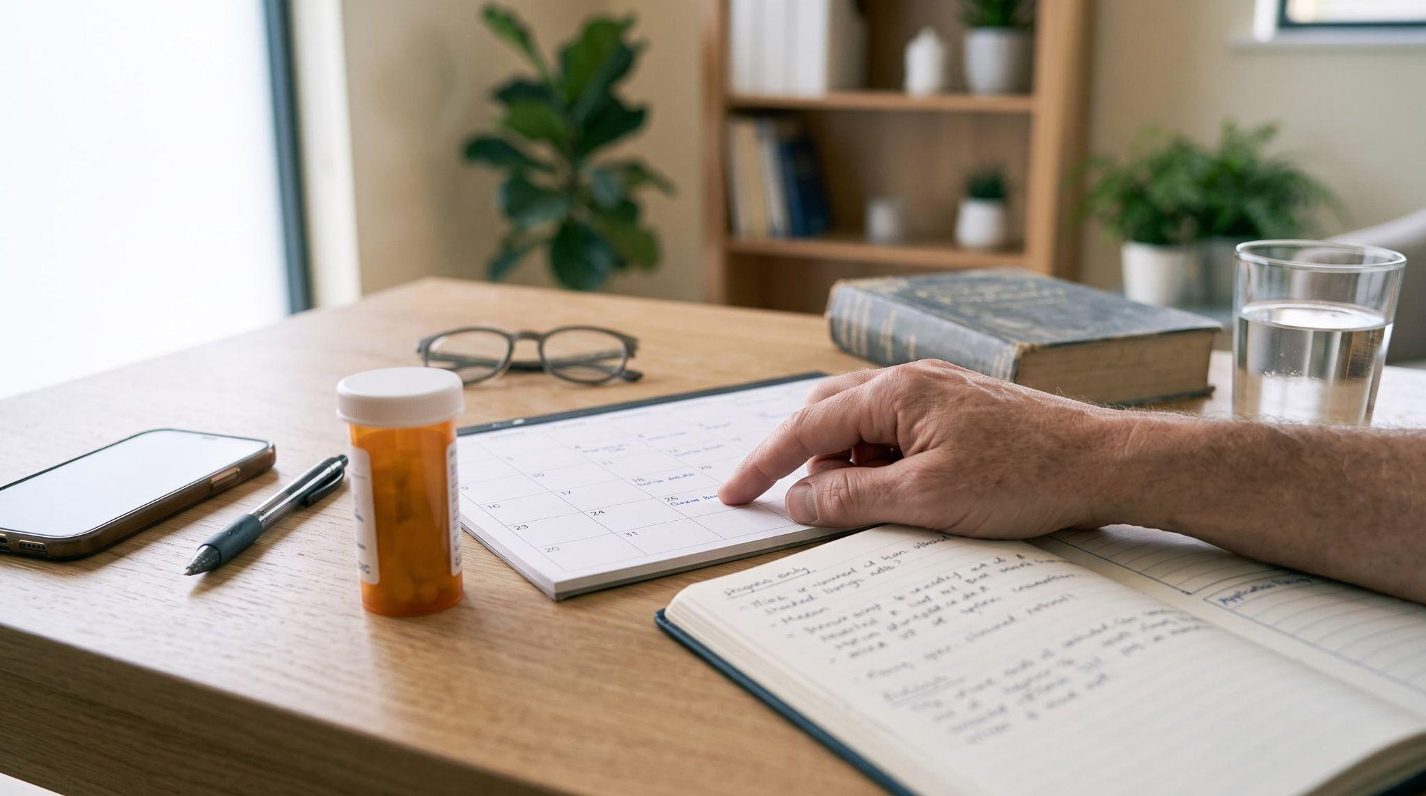 Calendar, pill bottle, and journal on a desk used to track a psychiatric treatment plan