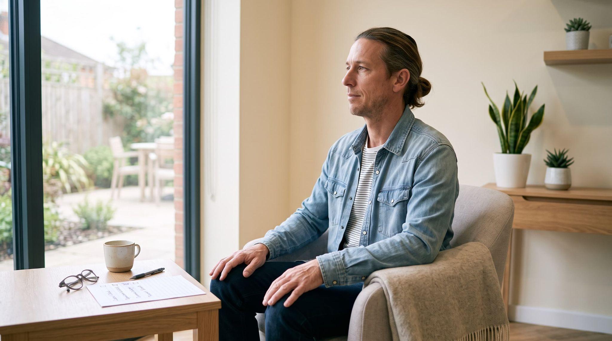 Man sitting calmly by the window, reflecting after a TMS therapy session.