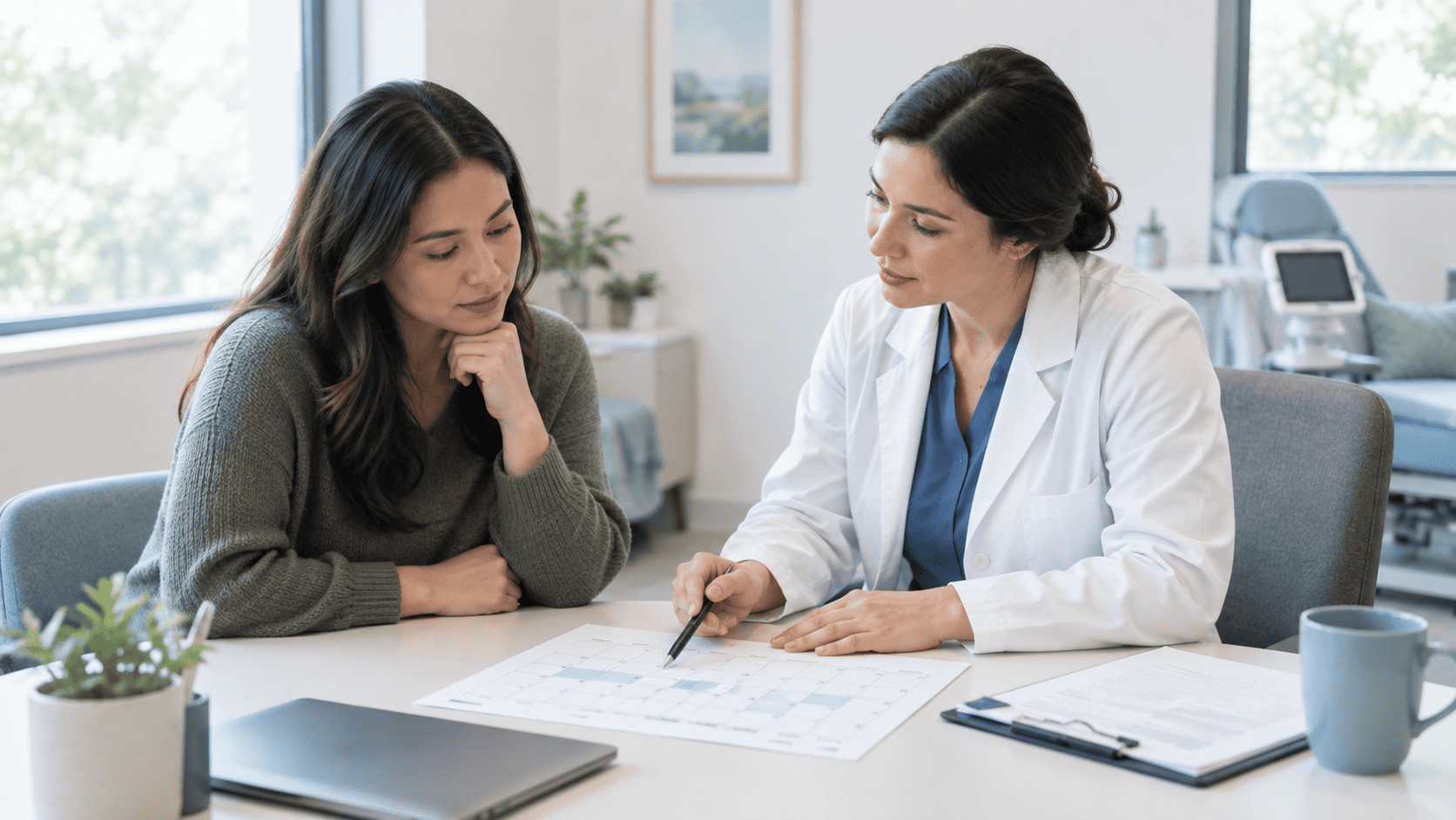 Doctor in a white coat points to a treatment calendar while reviewing the schedule with a patient.