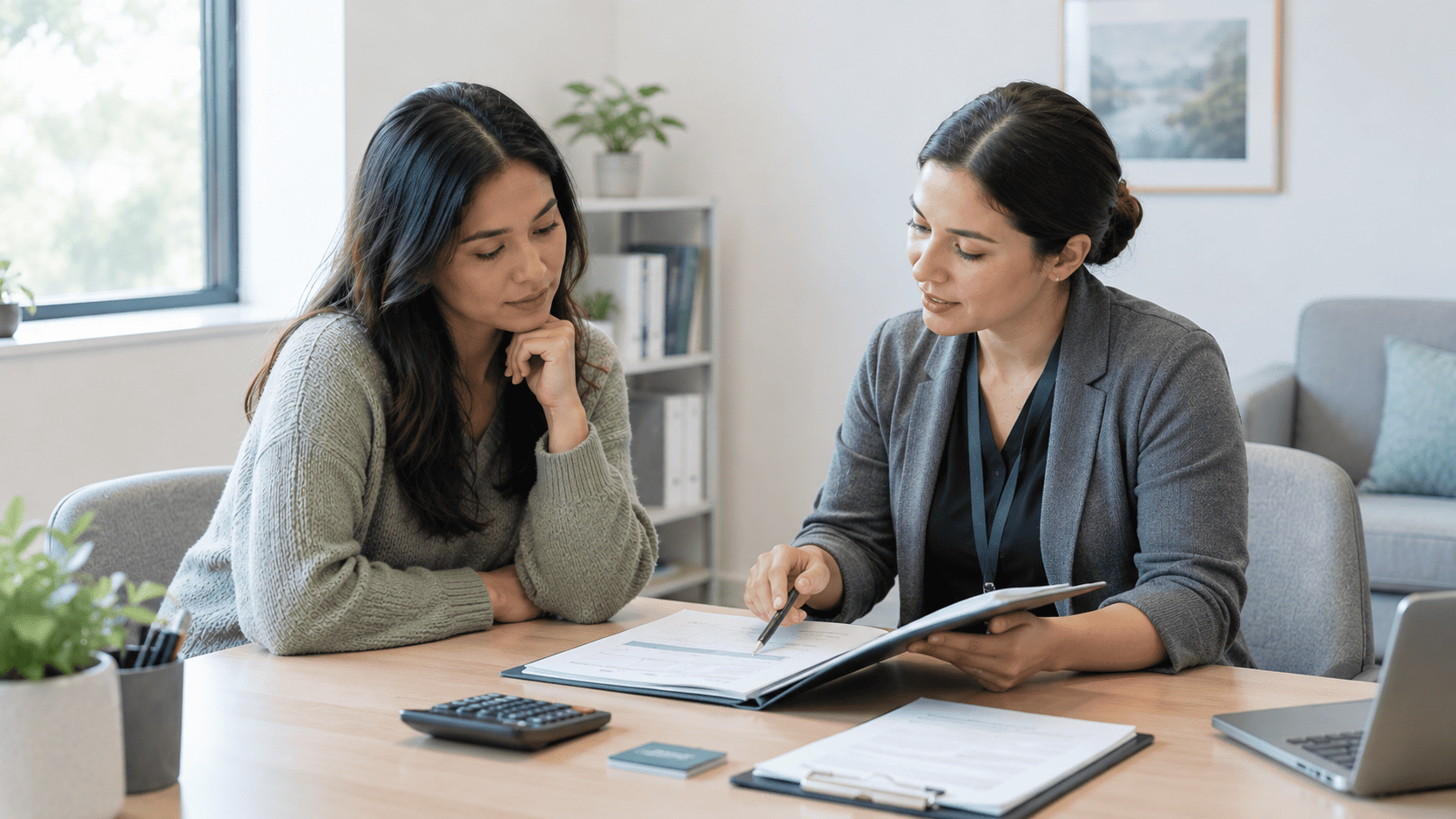 Provider reviews treatment costs and paperwork with a patient, with a calculator on the desk.